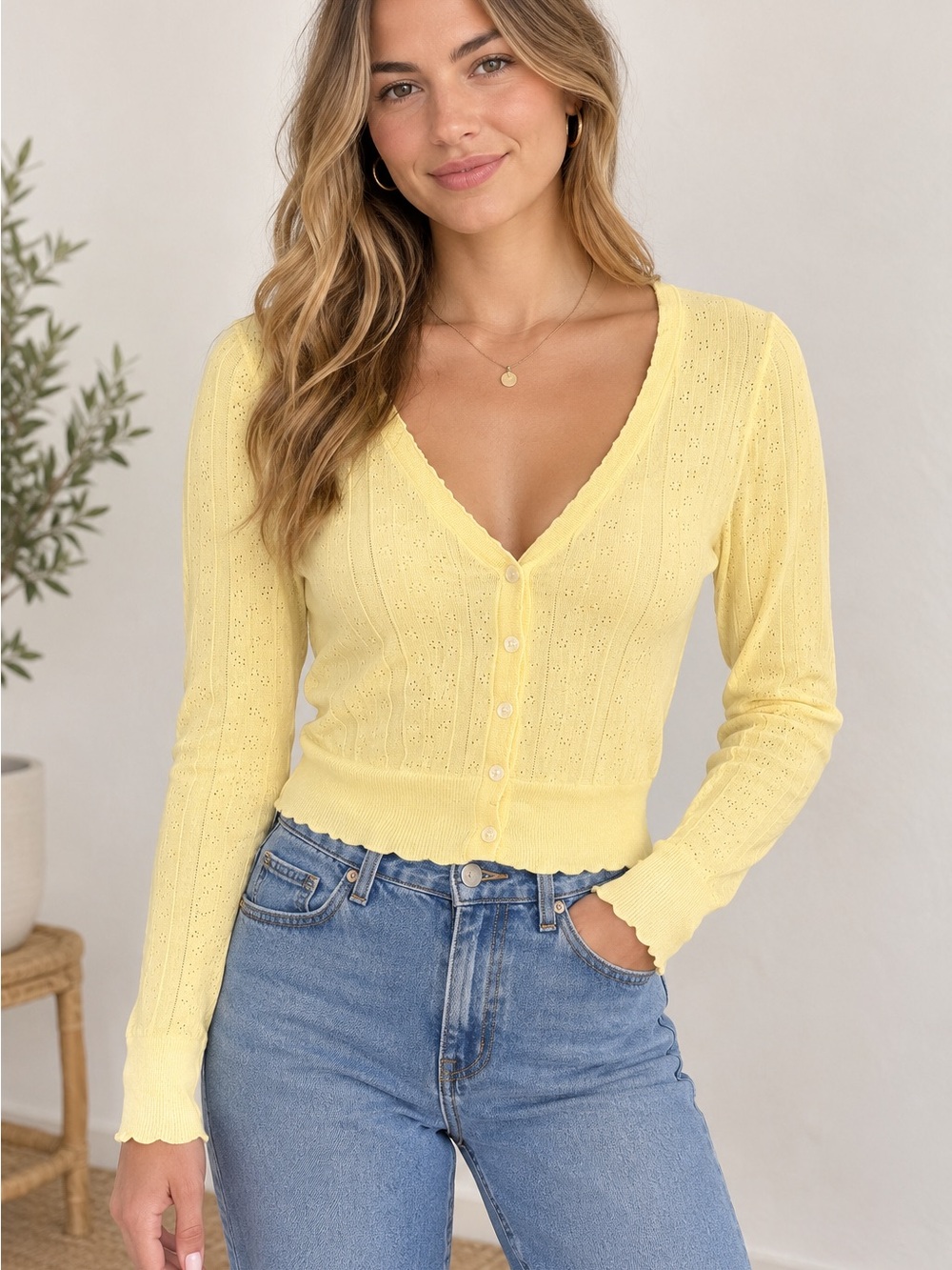 No Comment Yellow Pointelle Knit Cropped Cardigan Sweater V-Neck Button Boho
